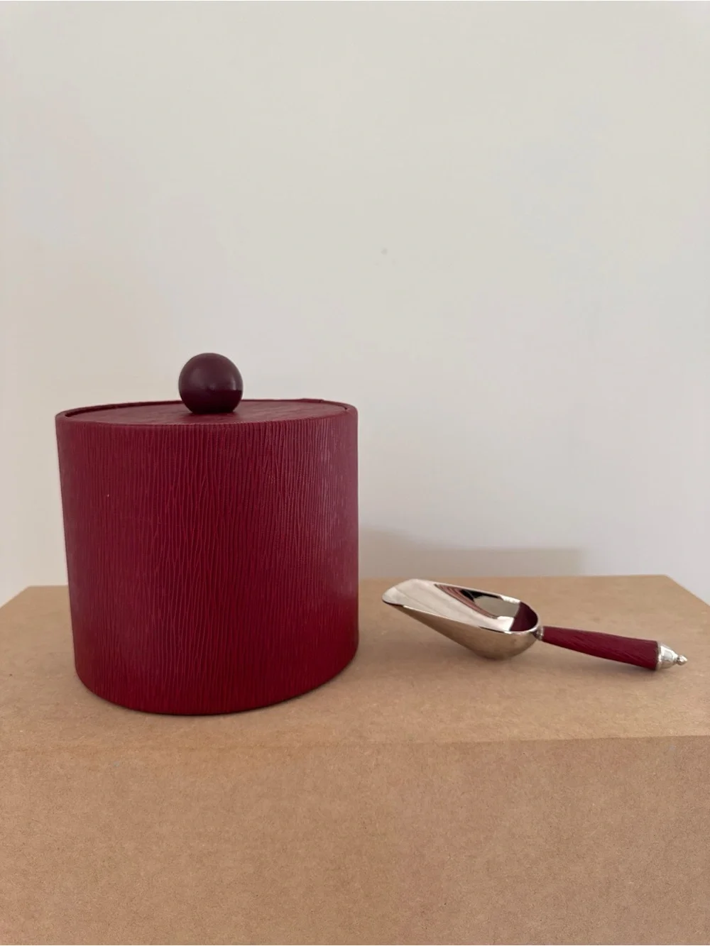 Vintage Burgundy Ice Bucket with Matching Scoop Postmodern Epi Texture Barware